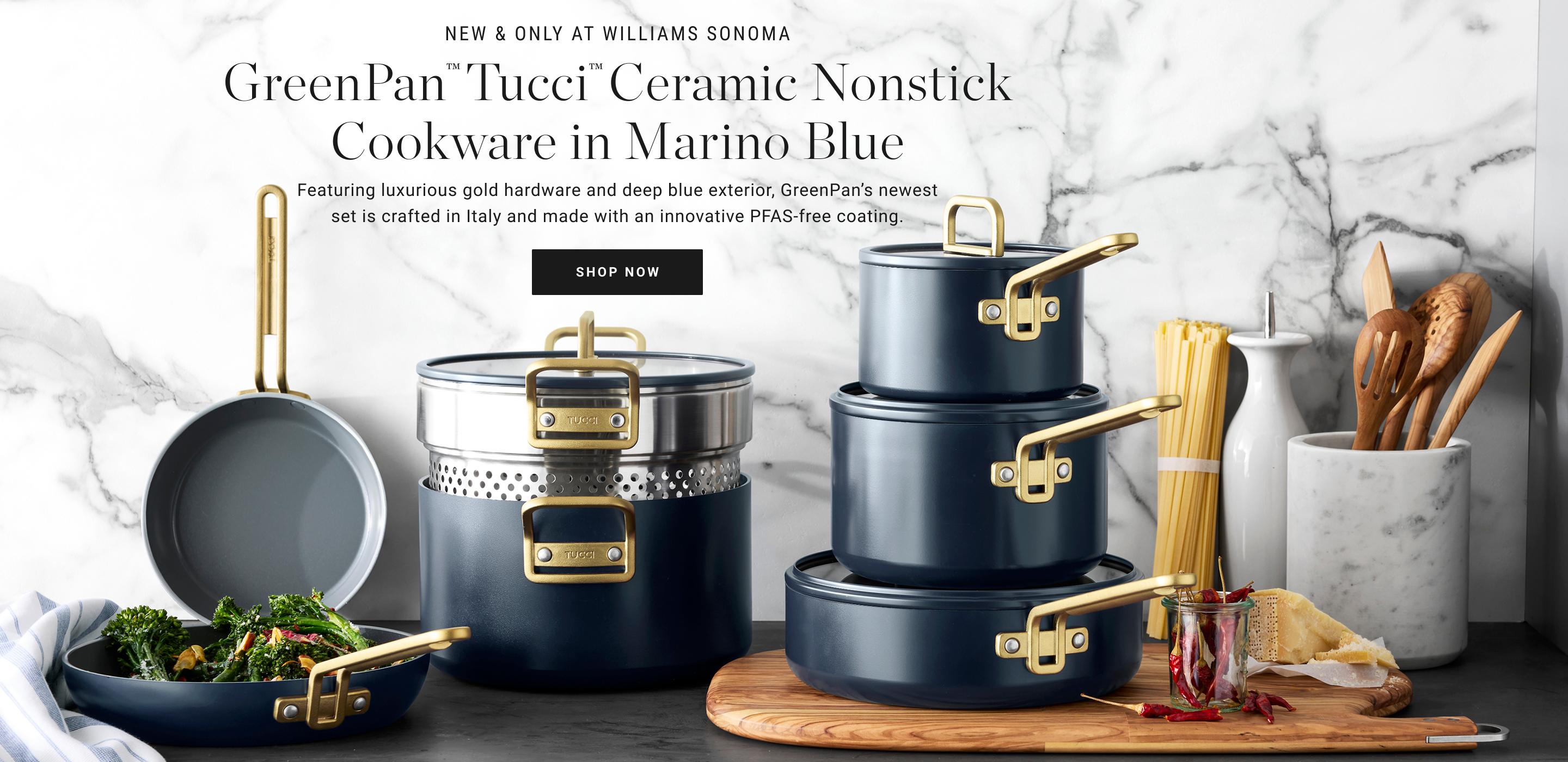 Green Pan Tucci Ceramic Nonstick Cookware in Marino Blue | Featuring luxuries gold hardware and deep blue exterior, GreenPan's newest set is crafted in Italy and made with an innovative PFAS-free coating. | Shop Now